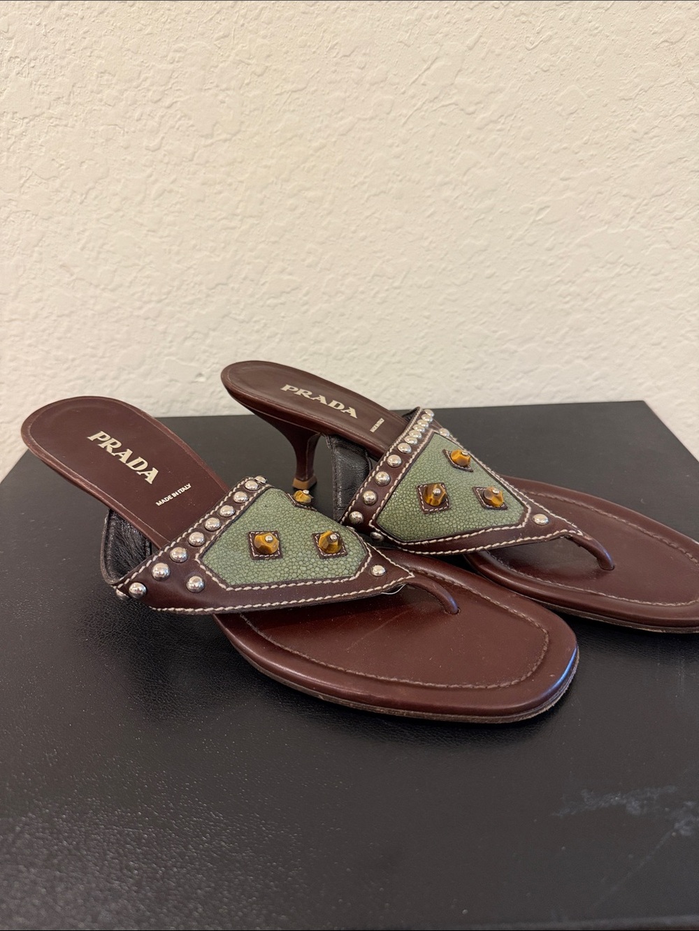 Prada Brown Leather & Green Embellished Mid-Heel Slides